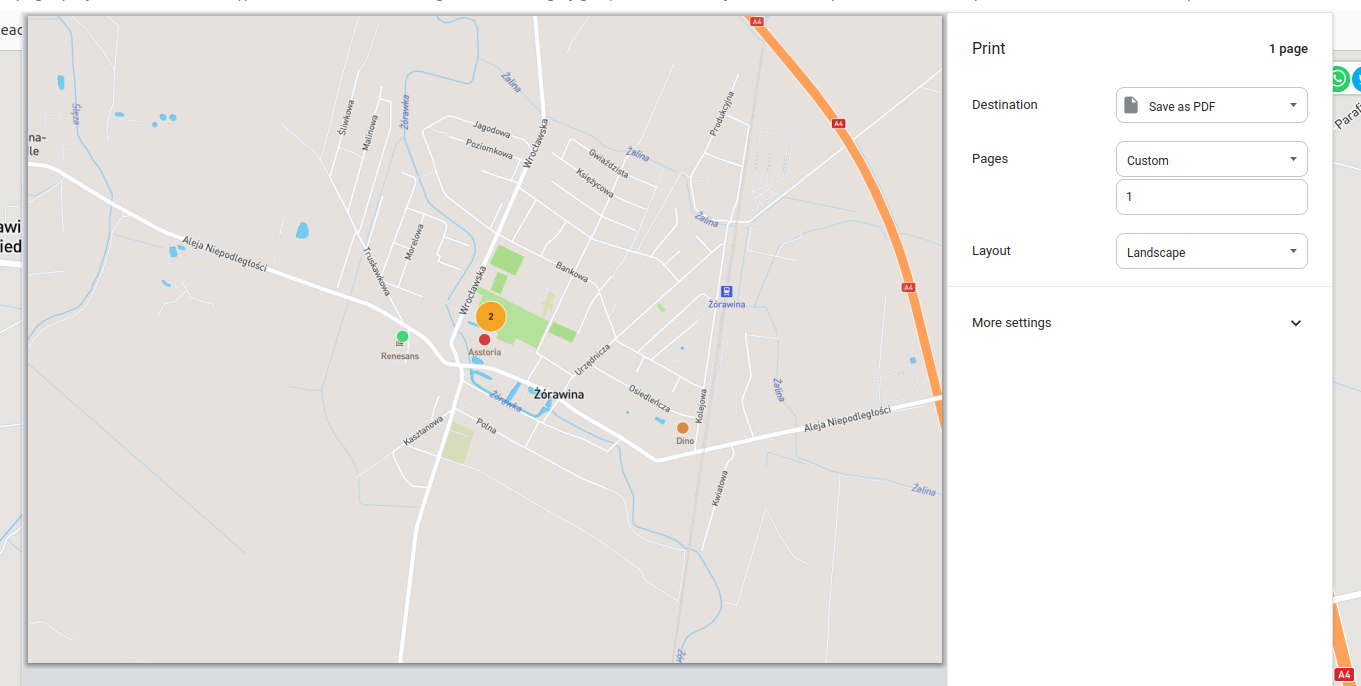Printable map stretching automatically to selected page size and layout